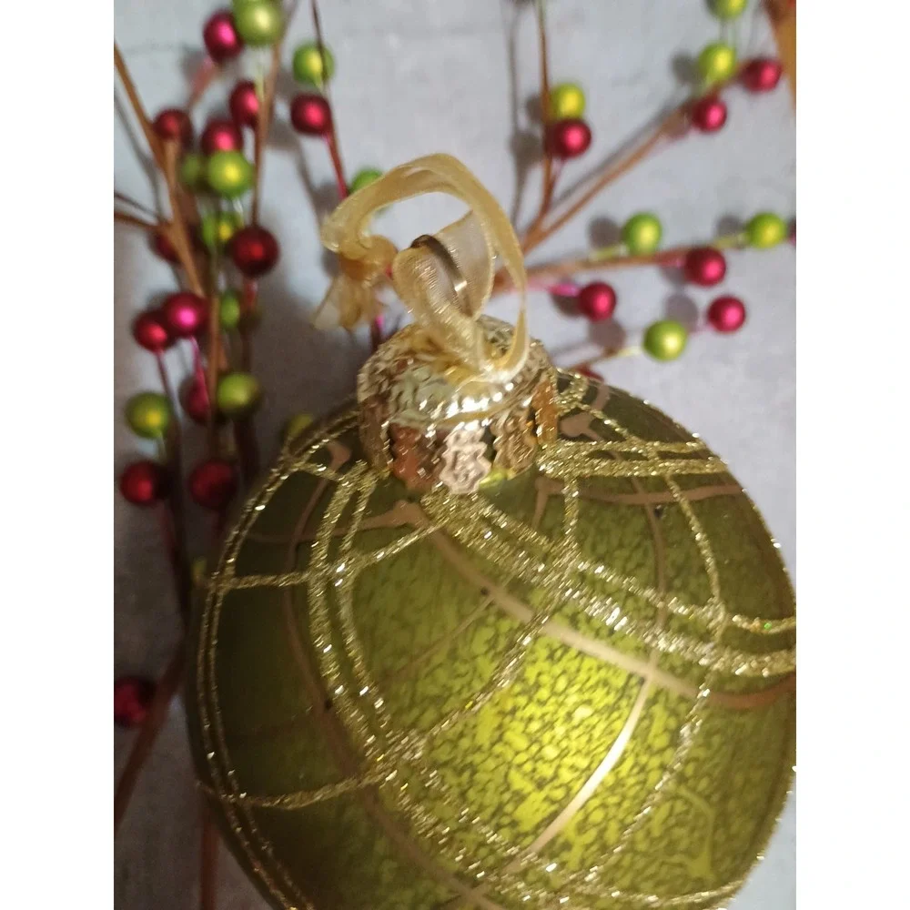 Frontgate Plaid Light Green‎ & Gold Round Glass Christmas Ornament Gold Glitter